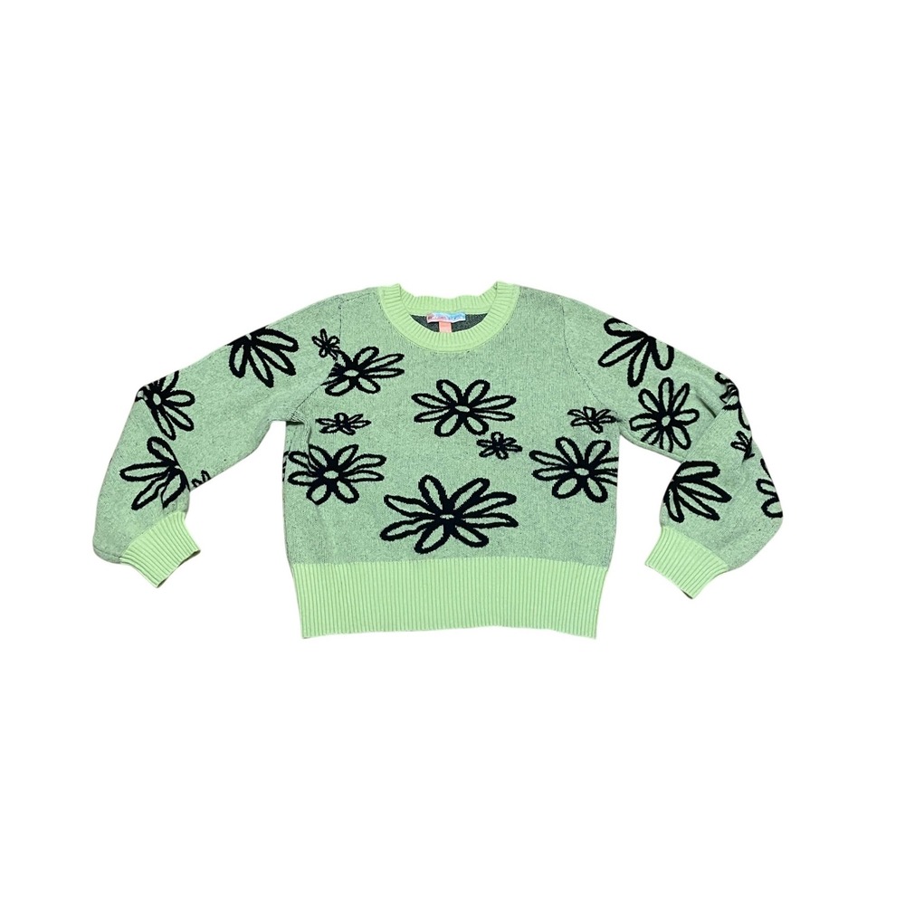Watermelon Sugar Women's XL Lime Green Black Daisy Floral Knit Crewneck Sweater
